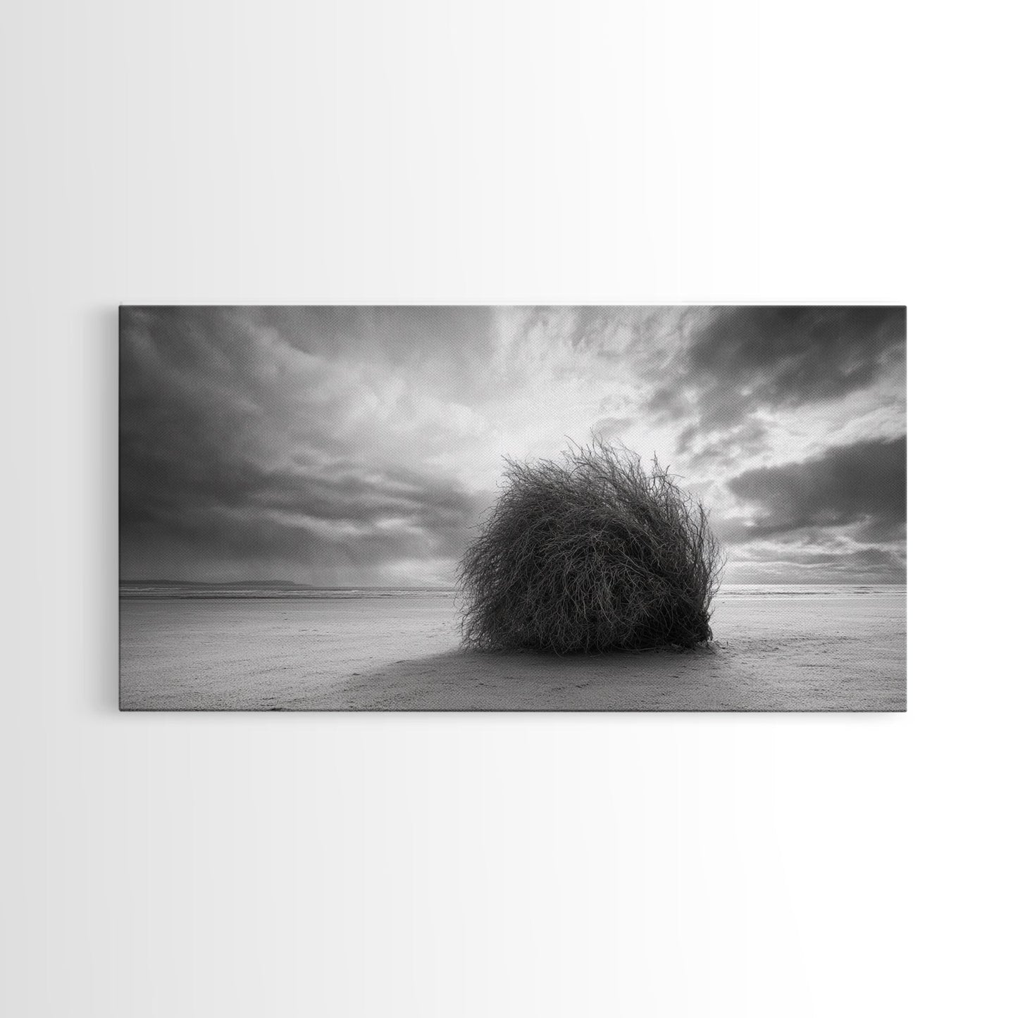 Tumbleweed, Desert Beach, Moody Sky, Solitary Calm, Framed Canvas Print, minimalist desert wall art, western Fall decor, neutral tones