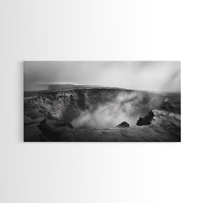 Vulkankrater, rauchige Erde, epische Landschaft, gerahmter Leinwanddruck, ausdrucksstarke Naturkunst, Dekoration fürs Arbeitszimmer, stimmungsvolle Schwarzweißfotografie