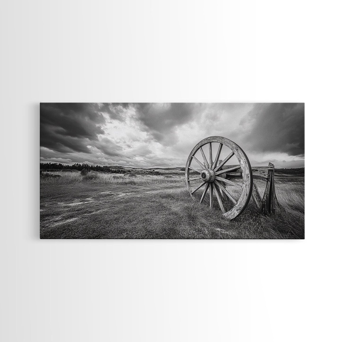 Prairie Wagon Wheel, Western Landscape, Rustic Field, Canvas Print, Country Farmhouse Wall Art, Fall Rustic Decor, Black And White Art