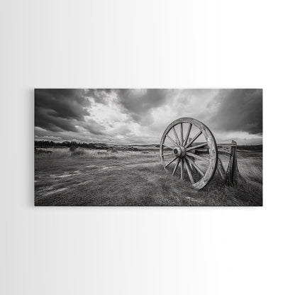 Prairie Wagon Wheel, Western Landscape, Rustic Field, Canvas Print, Country Farmhouse Wall Art, Fall Rustic Decor, Black And White Art