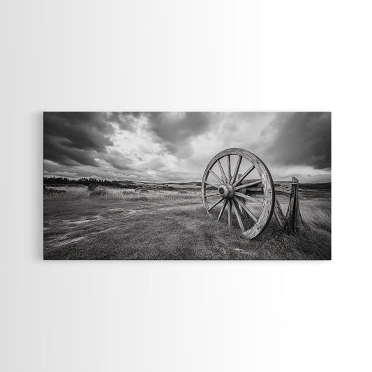 Prairie Wagon Wheel, Western Landscape, Rustic Field, Canvas Print, Country Farmhouse Wall Art, Fall Rustic Decor, Black And White Art