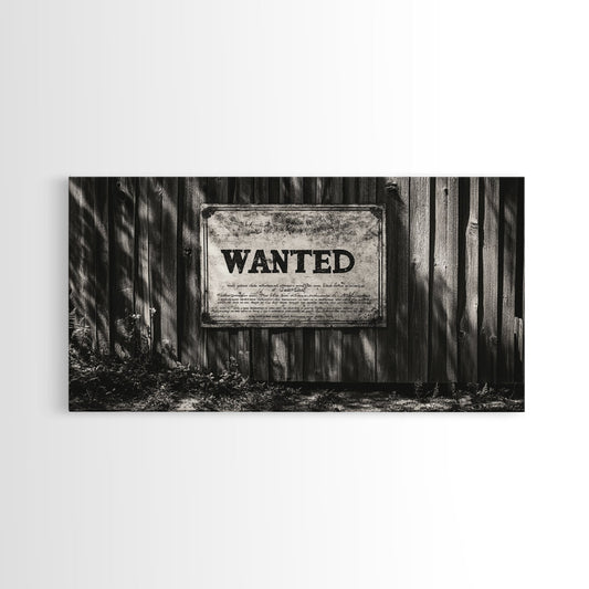 Wanted Poster, Old West Sign, Rustic Wall Decor, Framed Canvas Print, Cowboy Saloon Art, Western Office Decor, Vintage Typography Art
