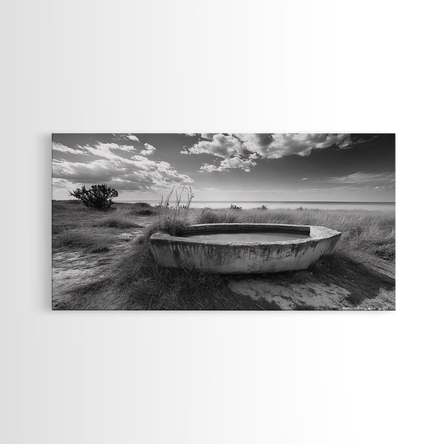 Concrete Trough, Coastal Horizon, Grassy Shoreline, Canvas Print, Rustic Farmhouse Bathroom Art, Minimalist Nature, Fall Beach Wall Decor