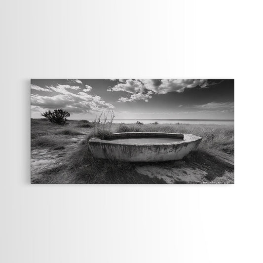 Concrete Trough, Coastal Horizon, Grassy Shoreline, Canvas Print, Rustic Farmhouse Bathroom Art, Minimalist Nature, Fall Beach Wall Decor