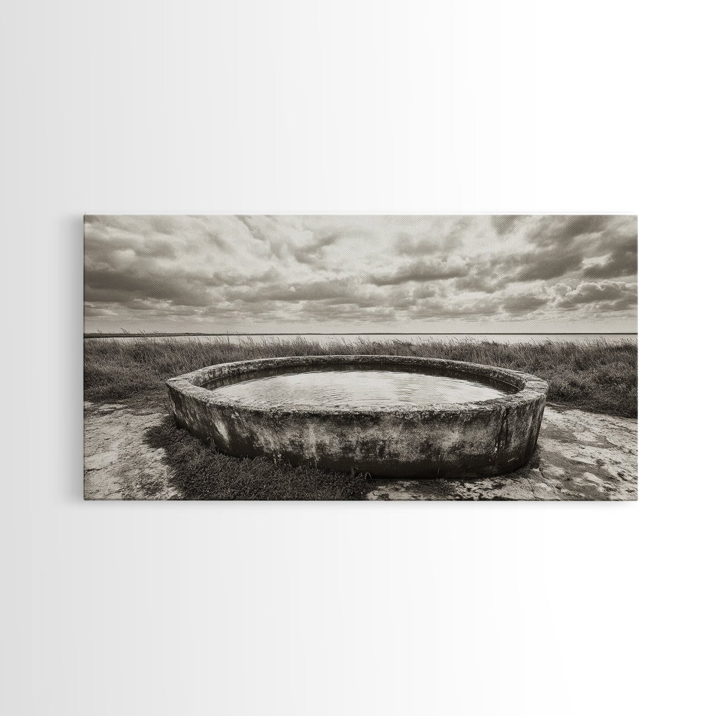 Water Trough, Overcast Skies, Ocean Breeze, Framed Canvas Print, Country Rustic Wall Art, Sepia Toned Fall Decor, Entryway Or Den Art