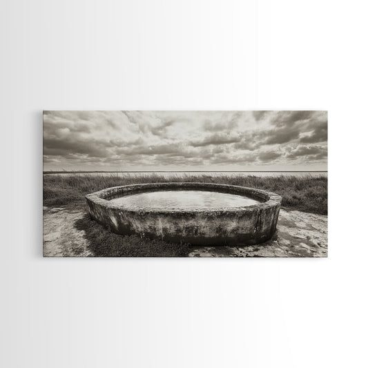 Water Trough, Overcast Skies, Ocean Breeze, Framed Canvas Print, Country Rustic Wall Art, Sepia Toned Fall Decor, Entryway Or Den Art