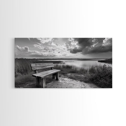 Lakeside Bench, Calm Waters, Sunset View, Canvas Print, Tranquil Nature Photography, Living Room Wall Art, Serene Outdoor Fall Landscape