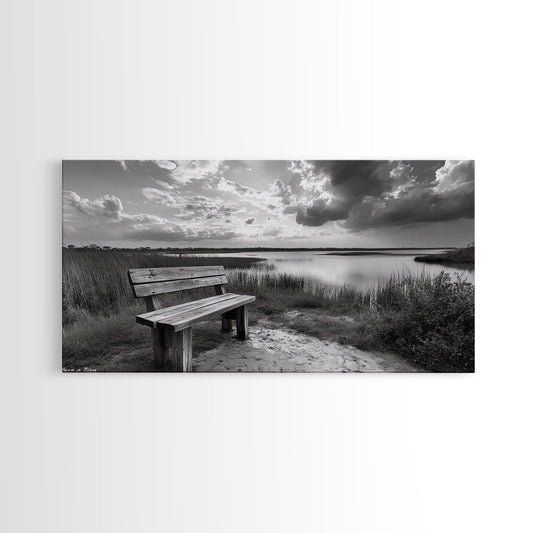 Lakeside Bench, Calm Waters, Sunset View, Canvas Print, Tranquil Nature Photography, Living Room Wall Art, Serene Outdoor Fall Landscape