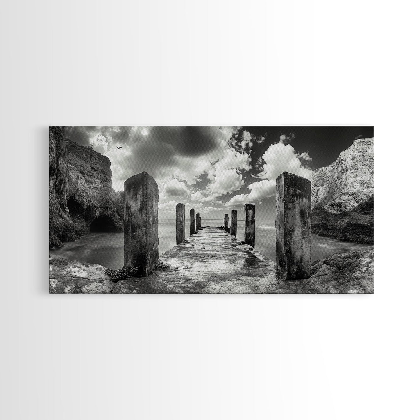 Ocean Pier, Seaside Dock, Crashing Waves, Canvas Print, Dramatic Coastal Wall Art, Black And White Decor, Bathroom Or Hallway Photography