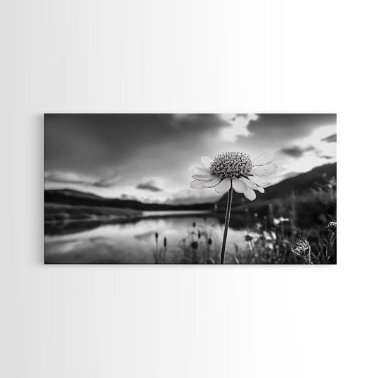 Single Daisy Bloom, Minimal Nature Wall Art, Cottagecore Floral Print, Calm Lake View, Soft Modern Bedroom Decor, Framed Canvas Print