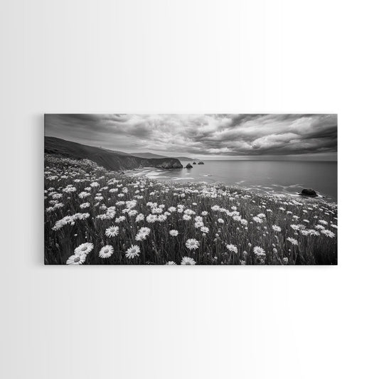 Coastal Flower Field, Ocean Meadow Scene, Seaside Wildflower Landscape, Serene Botanical Print, Living Room Art, Canvas Print