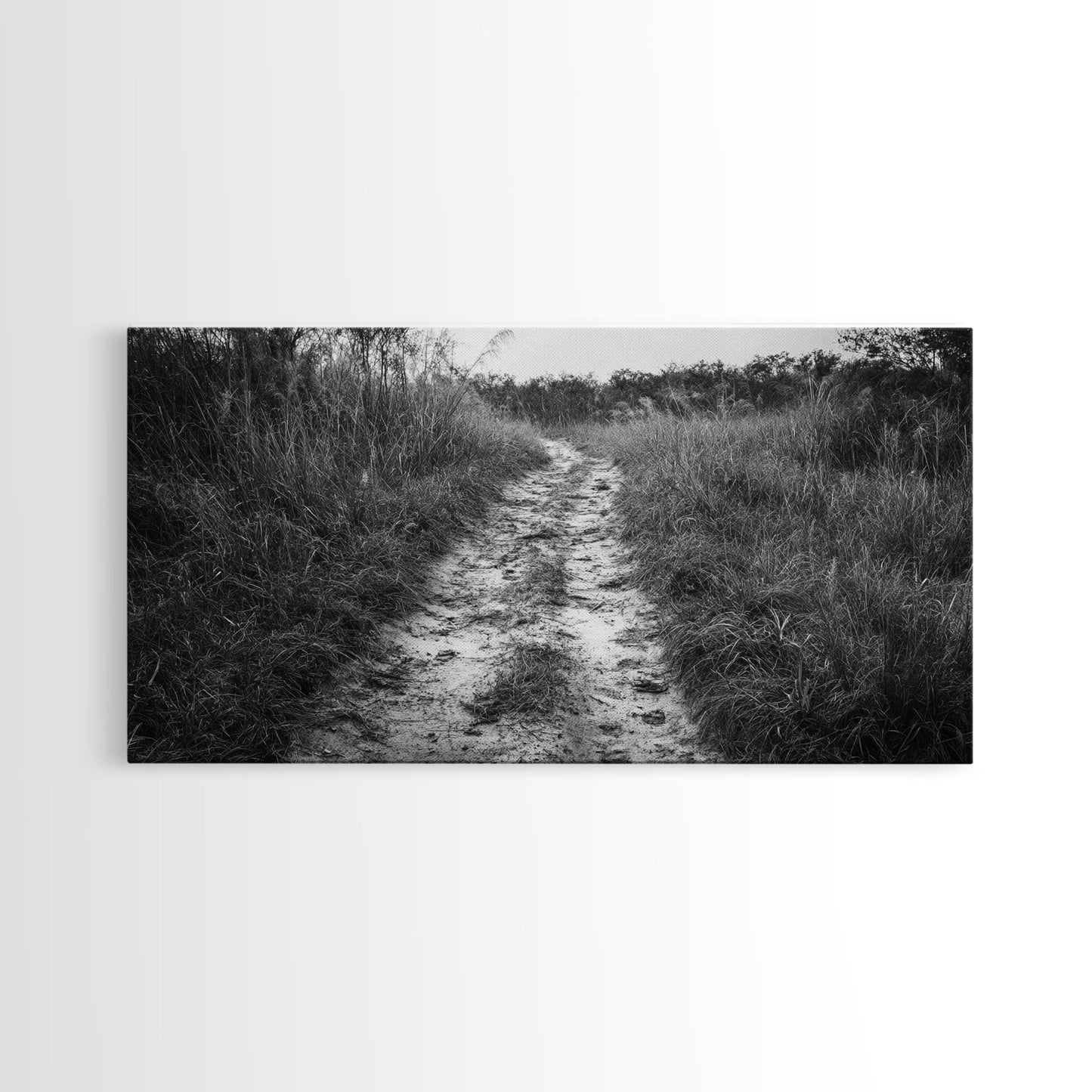 Naturpfad, minimalistische Naturfotografie, ländliche Landschaft, rustikale Herbst-Wandkunst, neutrale Wohndekoration, gerahmter Leinwanddruck