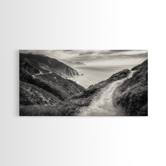 Cliffside Trail Path, Coastal Hiking Print, Rugged Ocean View, Nature Adventure Wall Art, Rustic Modern Decor, Framed Canvas Print