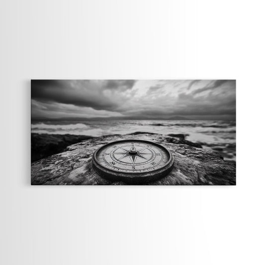 Vintage Compass, Ocean Rocks, Stormy Sea, Travel Symbol, Framed Canvas Print, Nautical Wall Art, Office Decor, Explorer Aesthetic