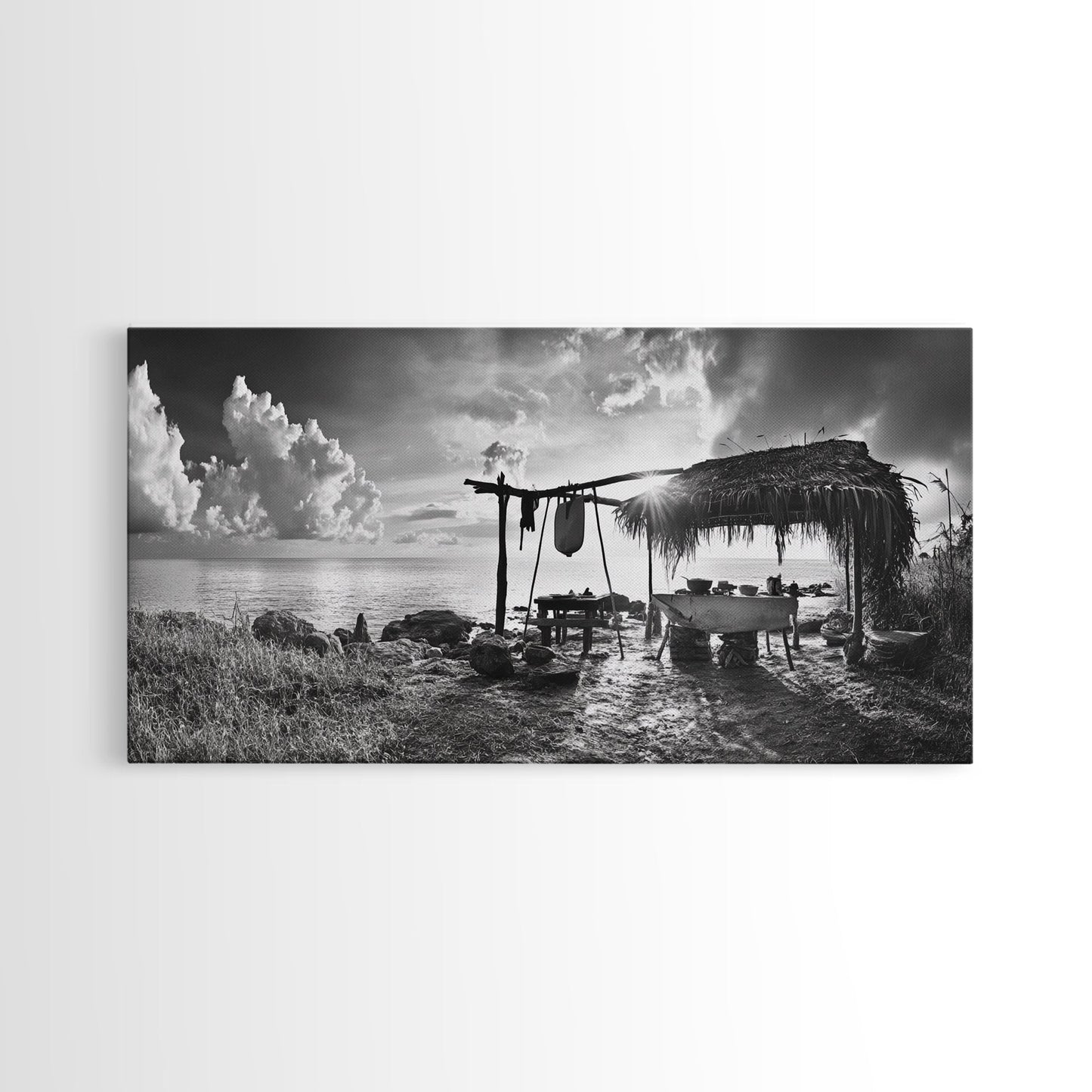 Beach Shack, Driftwood Table, Seaside Shelter, Sun Rays, Canvas Print, Rustic Coastal Art, Boho Decor, Dining Room Wall Art, Cabin Wall Art