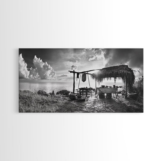 Beach Shack, Driftwood Table, Seaside Shelter, Sun Rays, Canvas Print, Rustic Coastal Art, Boho Decor, Dining Room Wall Art, Cabin Wall Art