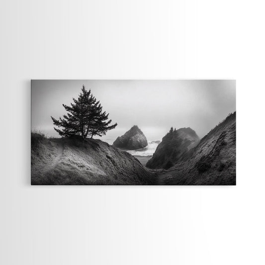 Coastal Cliff Scene, Evergreen Ocean Landscape, Pacific Northwest View, Framed Canvas Print, Nature Inspired Wall Art, Minimalist Decor