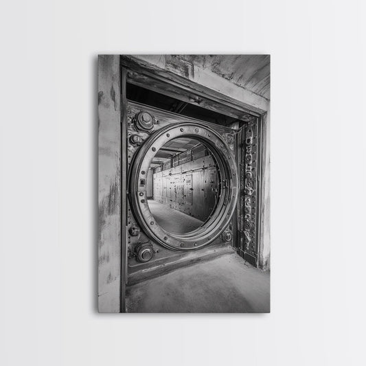 Bank Vault Door, Industrial Design, Urban Texture, Canvas Print, Masculine Office Decor, Steampunk Wall Art, Black White Print