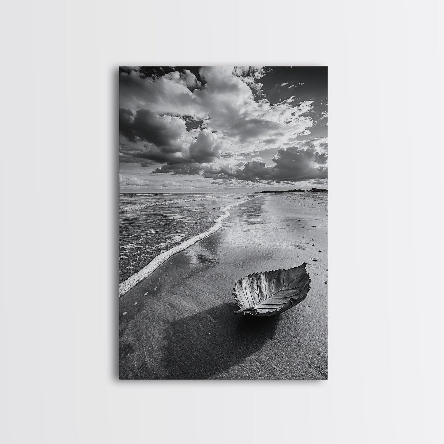 Autumn Beach Leaf, Drift Shore, Moody Cloudscape, Black and White Fall Art, Framed Canvas Print, Seasonal Wall Decor, Rustic Autumn Style