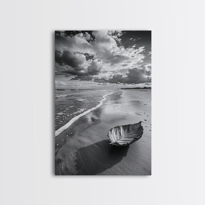 Autumn Beach Leaf, Drift Shore, Moody Cloudscape, Black and White Fall Art, Framed Canvas Print, Seasonal Wall Decor, Rustic Autumn Style