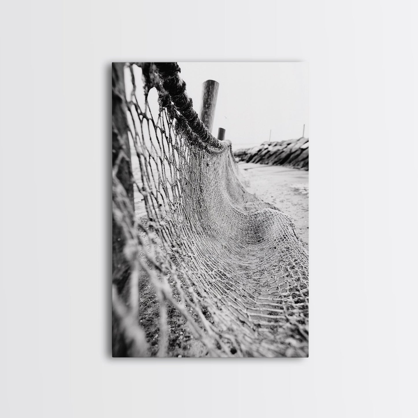 Coastal Net, Beach Texture, Nautical Vibe, Ocean Fence, Framed Canvas Print, Bathroom Wall Art, Coastal Cottage Style, Monochrome Beach Art