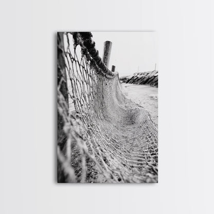 Coastal Net, Beach Texture, Nautical Vibe, Ocean Fence, Framed Canvas Print, Bathroom Wall Art, Coastal Cottage Style, Monochrome Beach Art