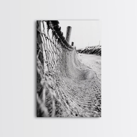 Coastal Net, Beach Texture, Nautical Vibe, Ocean Fence, Framed Canvas Print, Bathroom Wall Art, Coastal Cottage Style, Monochrome Beach Art