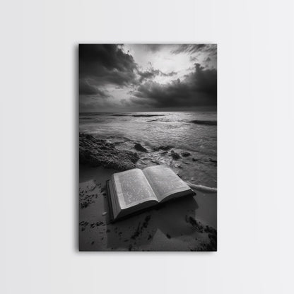 Book Beach Twilight, Reading By Ocean, Literary Seascape, Canvas Print, Study Wall Art, Moody Literary Art, Minimalist Coastal Decor
