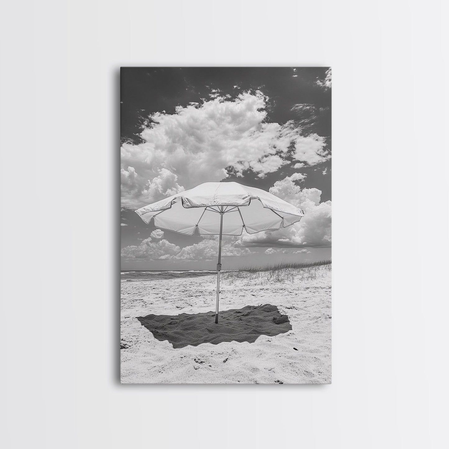 Beach Umbrella, Sunny Escape, Coastal Cloudscape, Framed Canvas Print, Summer Vibe Wall Art, Outdoor Living Decor, Travel Mood