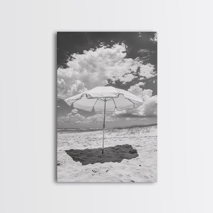 Beach Umbrella, Sunny Escape, Coastal Cloudscape, Framed Canvas Print, Summer Vibe Wall Art, Outdoor Living Decor, Travel Mood