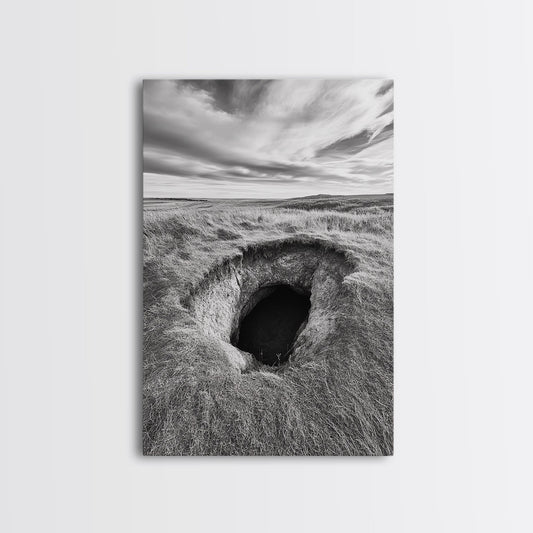Burrow Entrance, Hidden Hole, Grassland Tunnel, Canvas Print, Nature Wall Art, Living Room Decor, Black White Landscape Photography