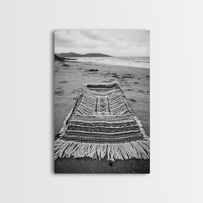 Woven Rug Beach, Bohemian Escape, Textile Texture, Black and White Canvas Print, Boho Bedroom or Yoga Studio Wall Decor