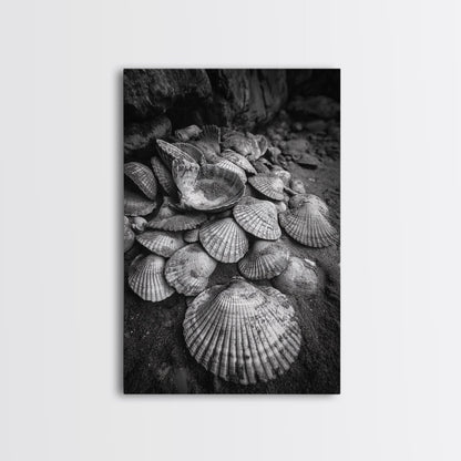 Seashell Pile, Textured Beach, Coastal Treasures, Natural Beauty Framed Canvas Print, bathroom decor, shell art, beach wall style