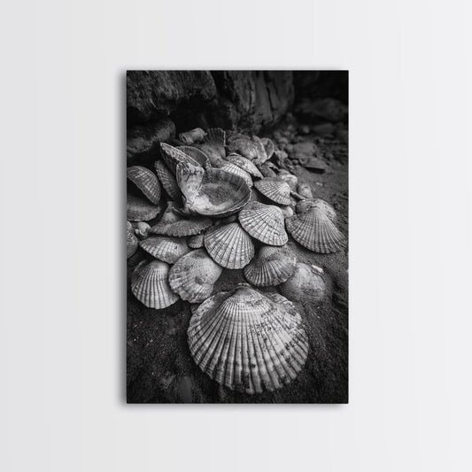 Seashell Pile, Textured Beach, Coastal Treasures, Natural Beauty Framed Canvas Print, bathroom decor, shell art, beach wall style