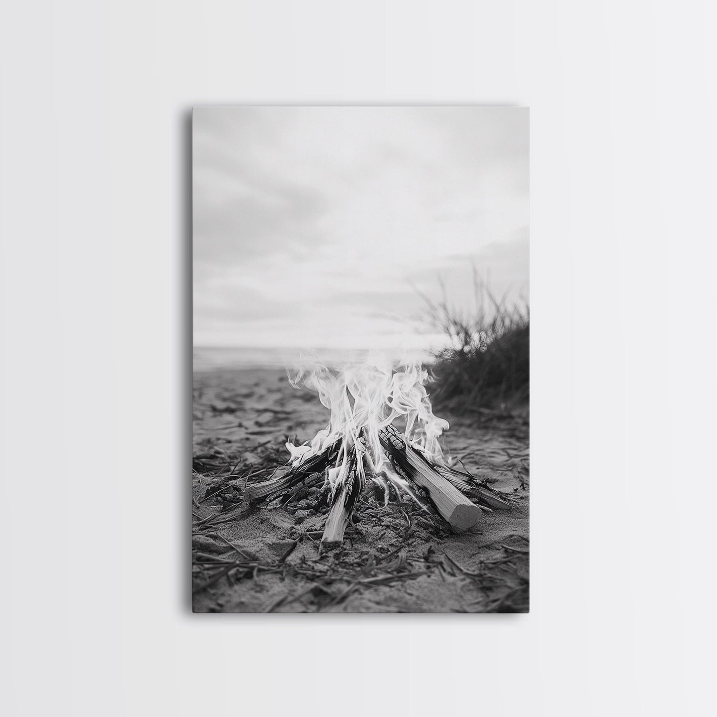 Campfire, Beach, Smoke, Glow - Cozy outdoor scene with flickering flame, Canvas Print, perfect rustic cabin or camping decor, Autumn Wall Art