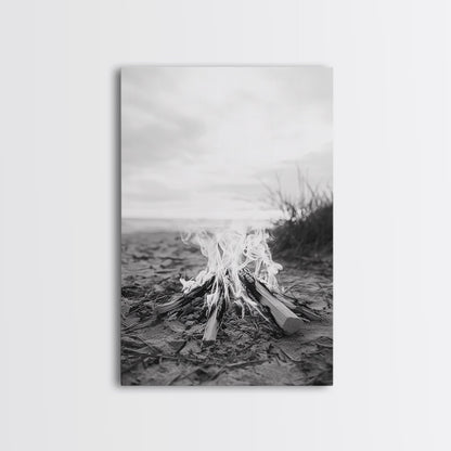 Campfire, Beach, Smoke, Glow - Cozy outdoor scene with flickering flame, Canvas Print, perfect rustic cabin or camping decor, Autumn Wall Art