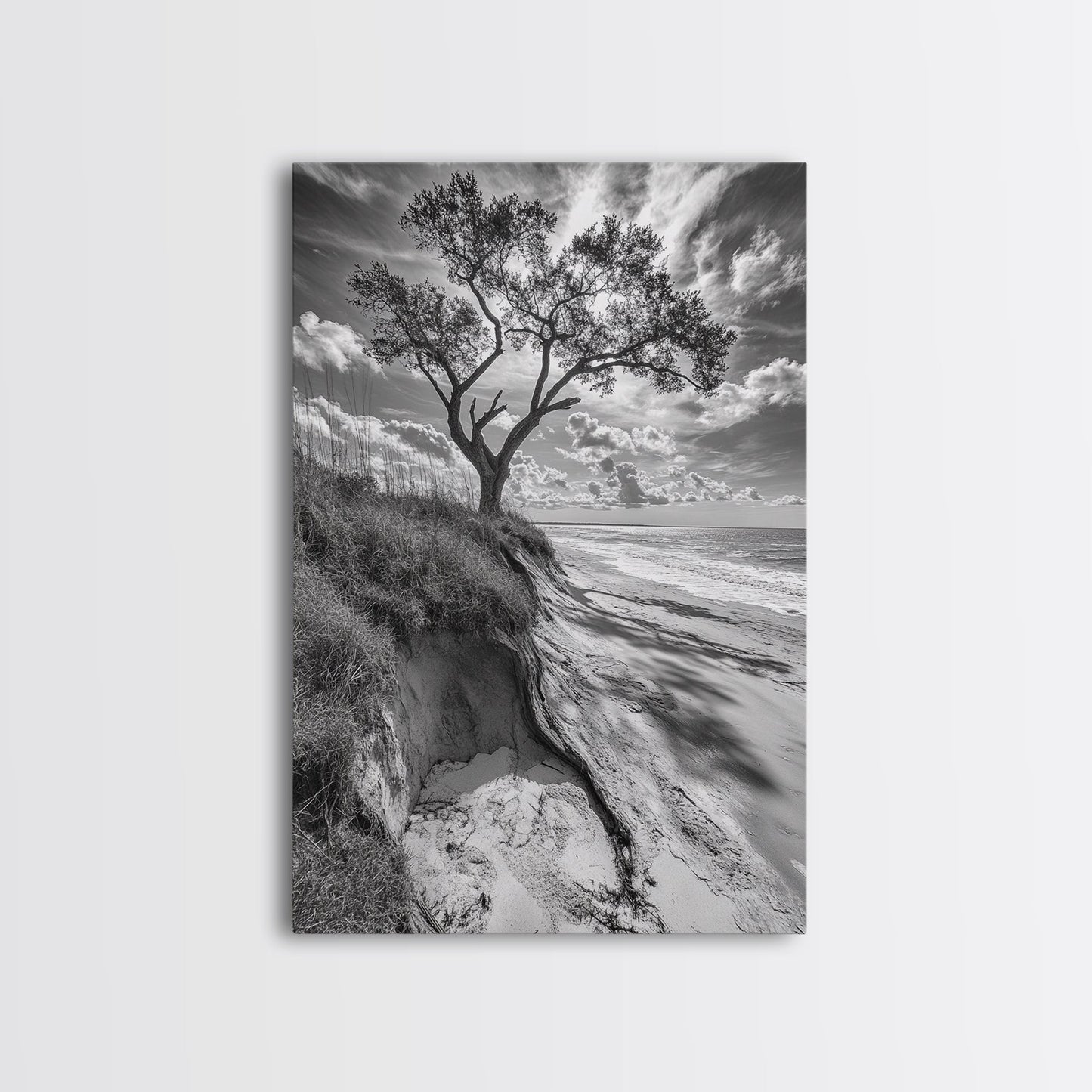 Coastal Tree Scene, Wind Swept Dune, Ocean Beach Horizon, Autumn Coastal Wall Art, Framed Canvas Print, Nature Lover Home Decor