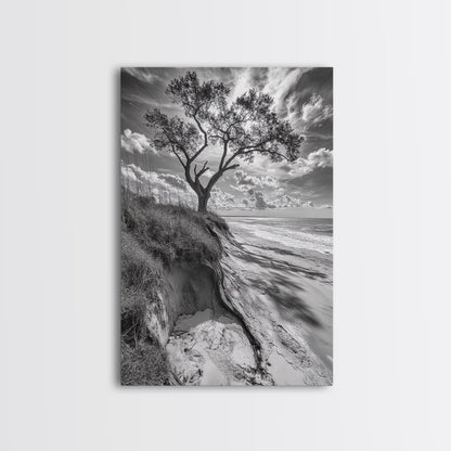 Coastal Tree Scene, Wind Swept Dune, Ocean Beach Horizon, Autumn Coastal Wall Art, Framed Canvas Print, Nature Lover Home Decor