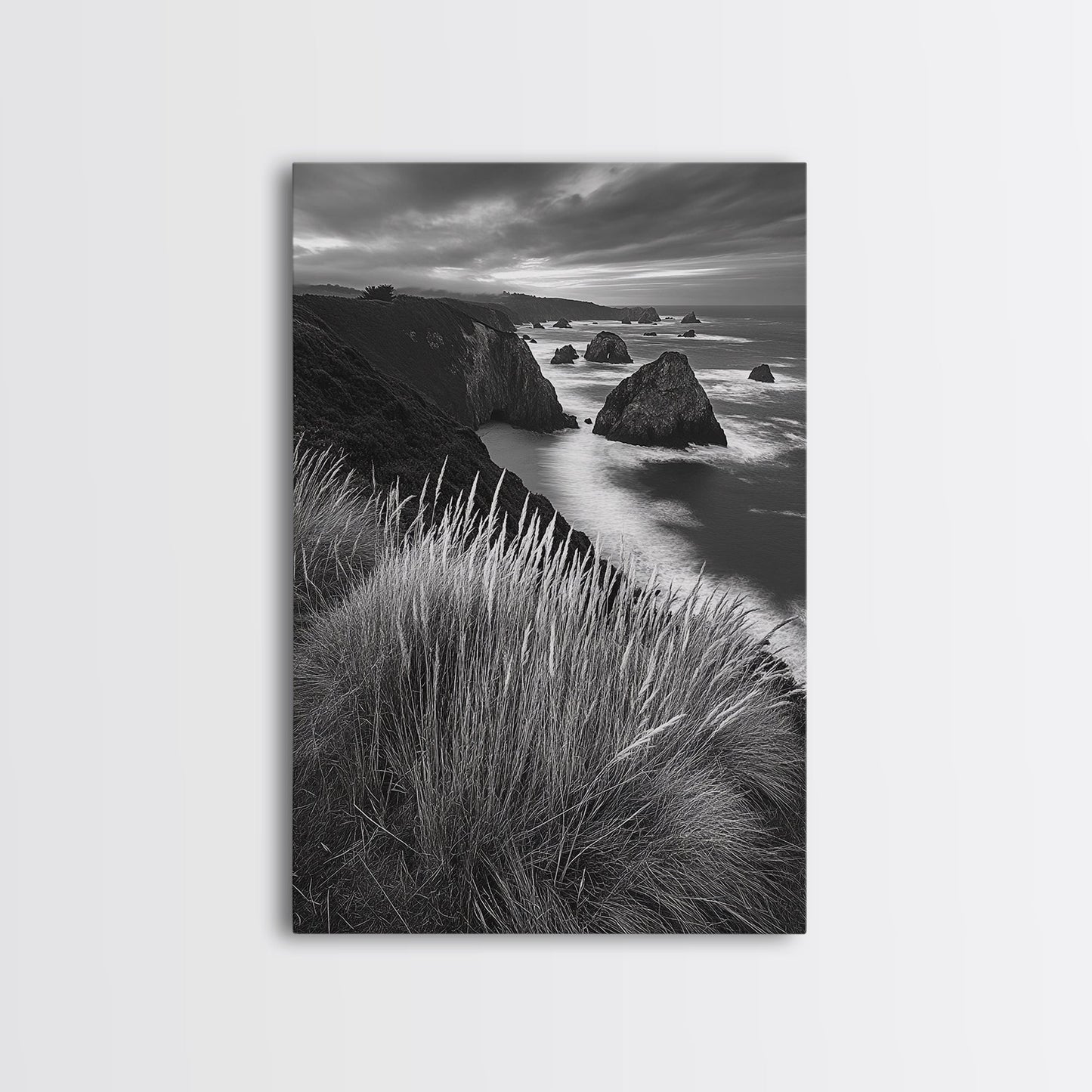 Coastal Cliffs, Ocean Rocks, Tall Grass, Canvas Print, Windswept Landscape Art, Beach House Wall Decor, Monochrome Nature Scene