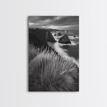 Coastal Cliffs, Ocean Rocks, Tall Grass, Canvas Print, Windswept Landscape Art, Beach House Wall Decor, Monochrome Nature Scene