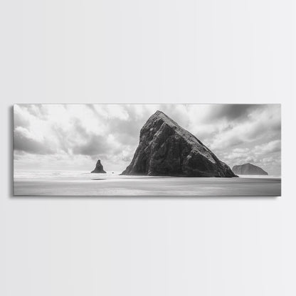 Sea Stack, Beach Horizon, Dramatic Sky, Monochrome Seascape, Framed Canvas Print, Coastal Wall Art, Modern Minimalist Entryway Decor