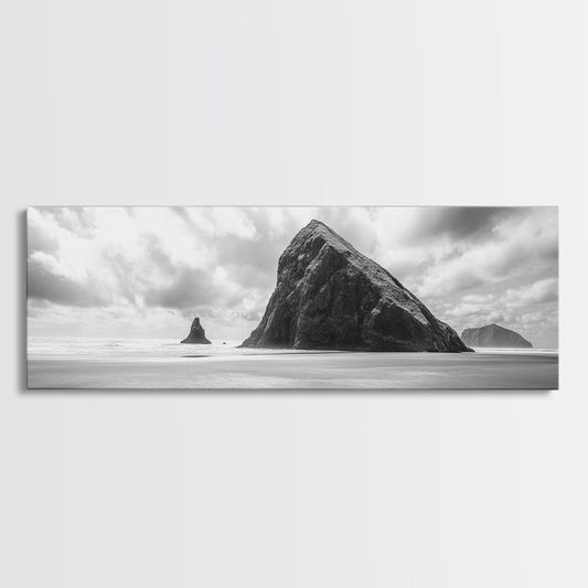 Sea Stack, Beach Horizon, Dramatic Sky, Monochrome Seascape, Framed Canvas Print, Coastal Wall Art, Modern Minimalist Entryway Decor