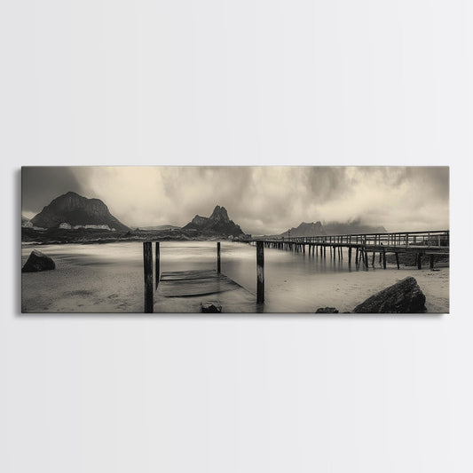 Dockside Calm, Stormy Shore, Ocean Jetty, Framed Canvas Print, Moody Coastal Wall Art, Living Room Art, Rustic Lakehouse Decor