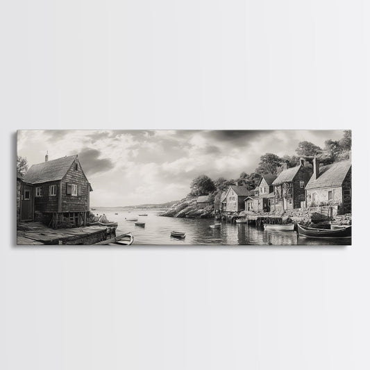 Coastal Village, Vintage Boats, Seaside Cottages, Harbor Scene, Framed Canvas Print, Nautical Wall Art, Rustic Decor, Living Room Wall Art