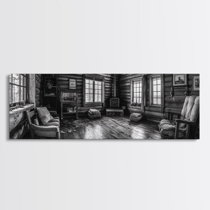 Rustic Cabin, Cozy Interior, Nature Retreat, Framed Canvas Print, Living Room Wall Art, Black and White Photography, Lodge Decor
