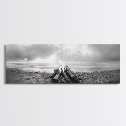 Beach Bonfire, Coastal Glow, Driftwood Fire, Ocean Calm, Framed Canvas Print, Fall Wall Art, Living Room Decor, Nature Photography Style