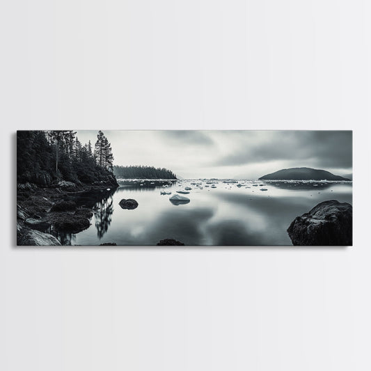 Arctic Shore, Ice Reflections, Northern Coastline, Framed Canvas Print, Moody ocean art, Coastal decor, Living room wall art, Monochrome nature