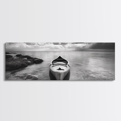 Canoe at Shore, Calm Waters, Peaceful Escape, Framed Canvas Print, Adventure art, Lakehouse decor, Hallway wall piece, Monochrome nature