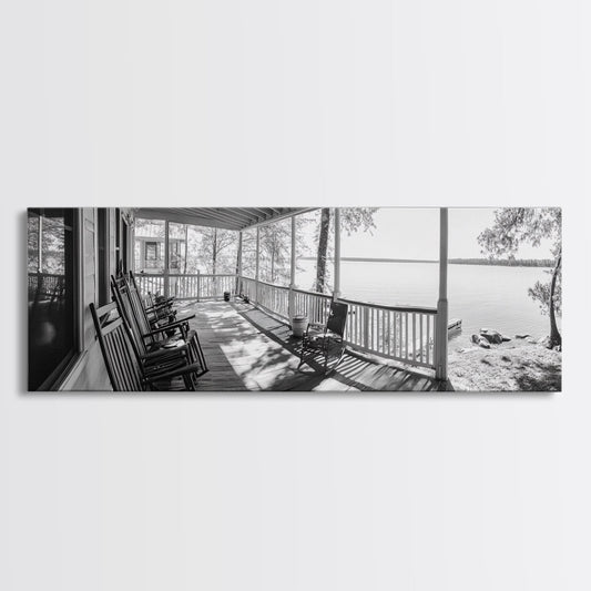 Porch View, Lakefront Cabin, Rustic Nature, Framed Canvas Print, Cozy Cottage Art, Entryway Wall Art, Neutral Home Decor, Vintage Feel