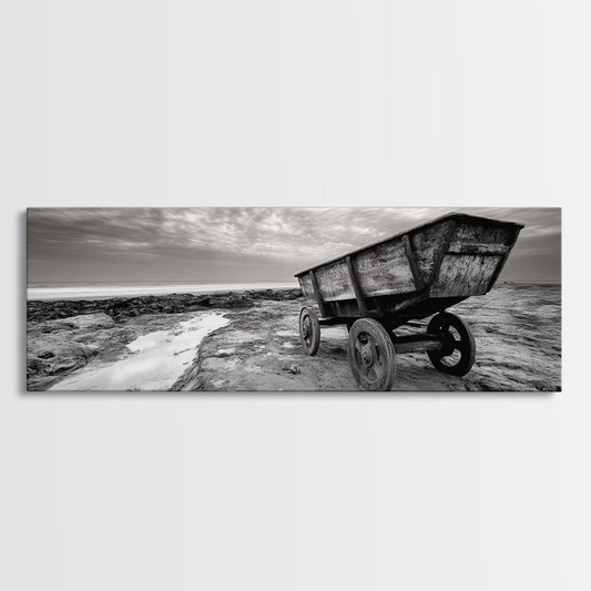 Abandoned Cart, Coastal Relic, Moody Beach Scene, Vintage Charm, Framed Canvas Print, Industrial Decor, Farmhouse Wall Art, Entryway Accent